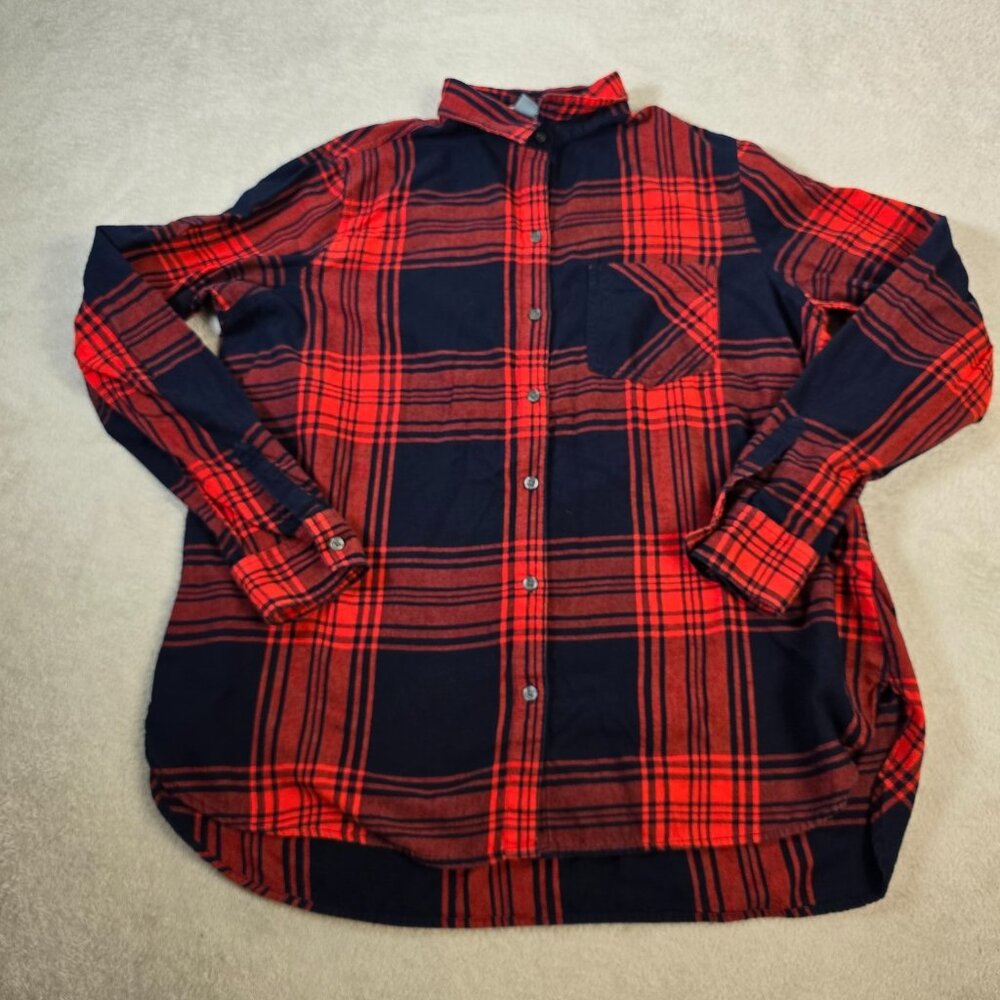 Old Navy Flannel Shirt Women Extra Large Tall Red Blue Plaid Button Up Tartan - Picture 4 of 11